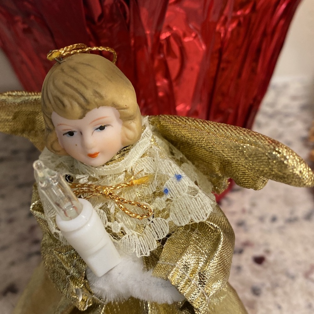Vintage Porcelain Gold Angel Holding Light Christmas tree topper or ornament ๐ - Picture 3 of 5